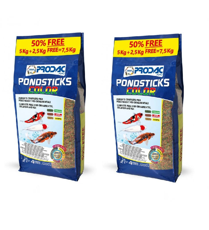 Doppio sacco da 7,5 kg di alimento in sticks Prodac Pondsticks Color per carpe koi e pesci rossi da laghetto Doppio sacco da 7,5 kg di alimento in sticks Prodac Pondsticks Color per carpe koi e pesci rossi da laghetto